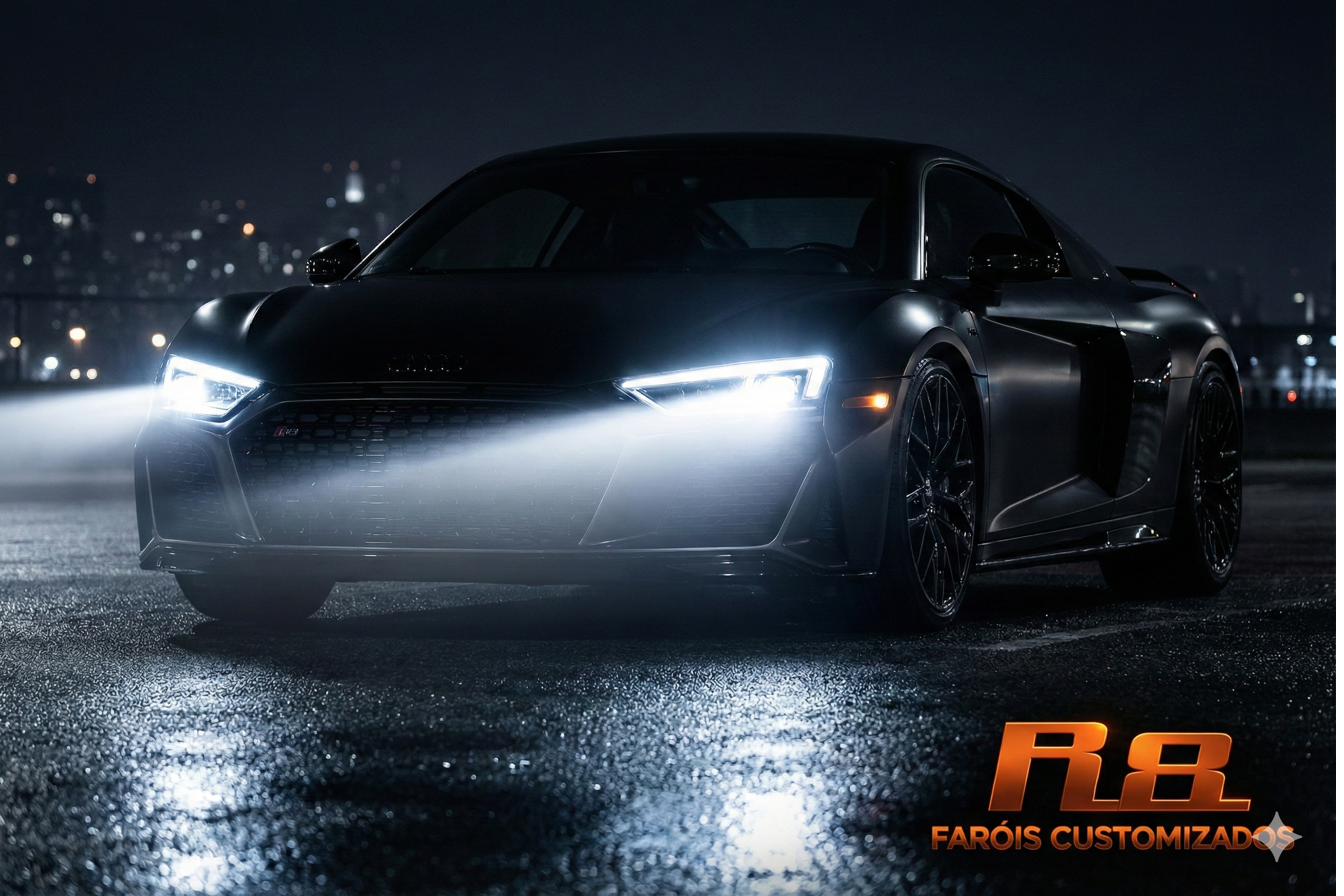 Comparativo entre luz halógena original e iluminação R8, mostrando maior alcance com a R8