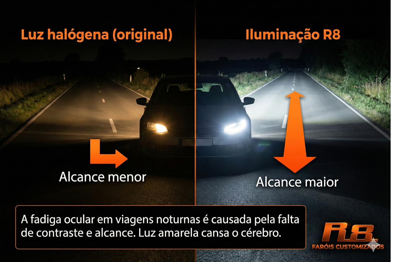 Audi R8 preto com faróis R8 acesos, cidade ao fundo à noite